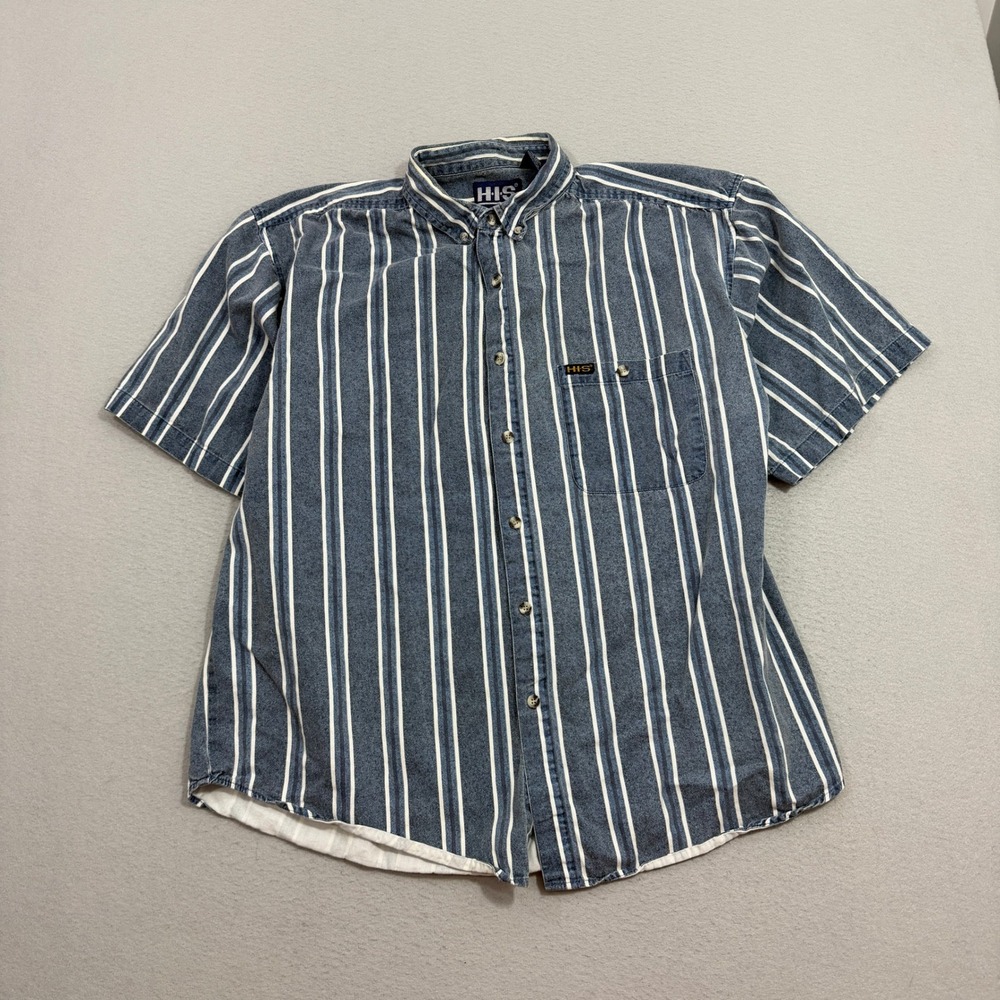 Vintage HIS Denim Shirt Mens XL Blue Striped Button Short Sleeve Cotton 90s Jean